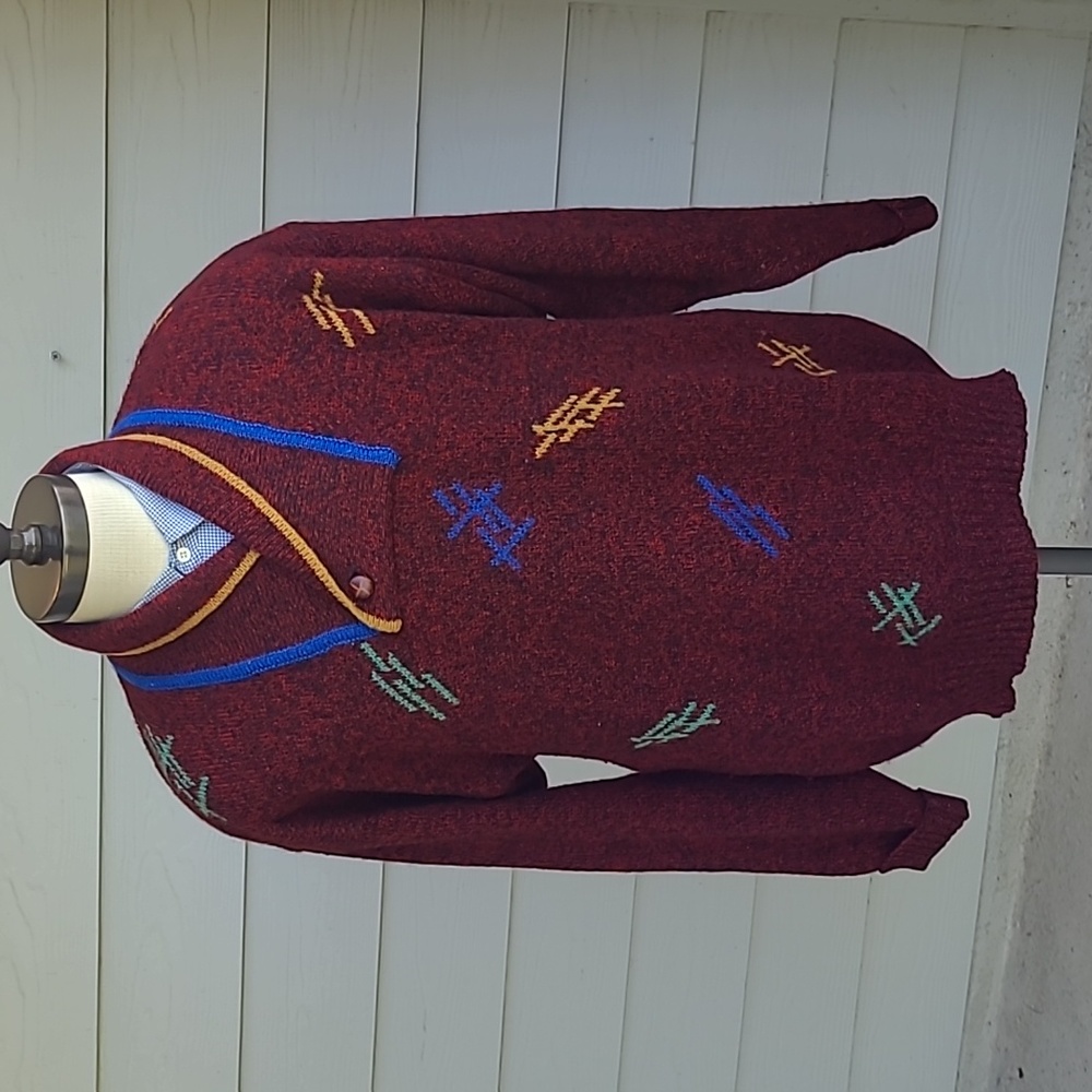 FIELD BROTHERS Knit Dark Red Blue Gold Abstract Pure Wool Sz L Shawl Sweater VTG